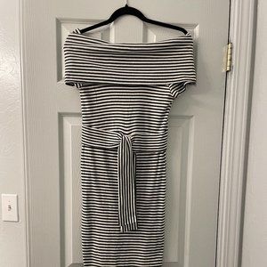 VICI Collection Grey & White Striped Off the shoulder Dress - Size M
